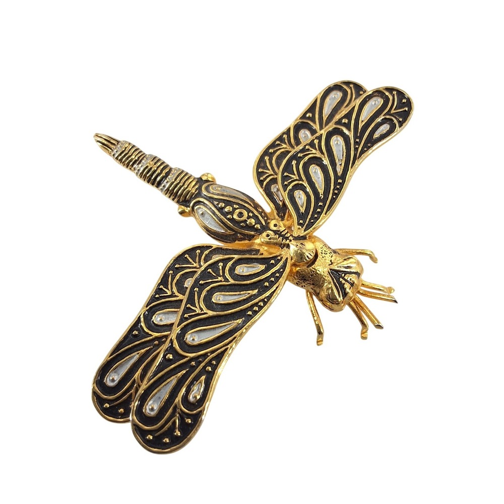 Vintage Damascene Dragonfly Brooch Spain Black Gold Toledoware Insect Pin 2"